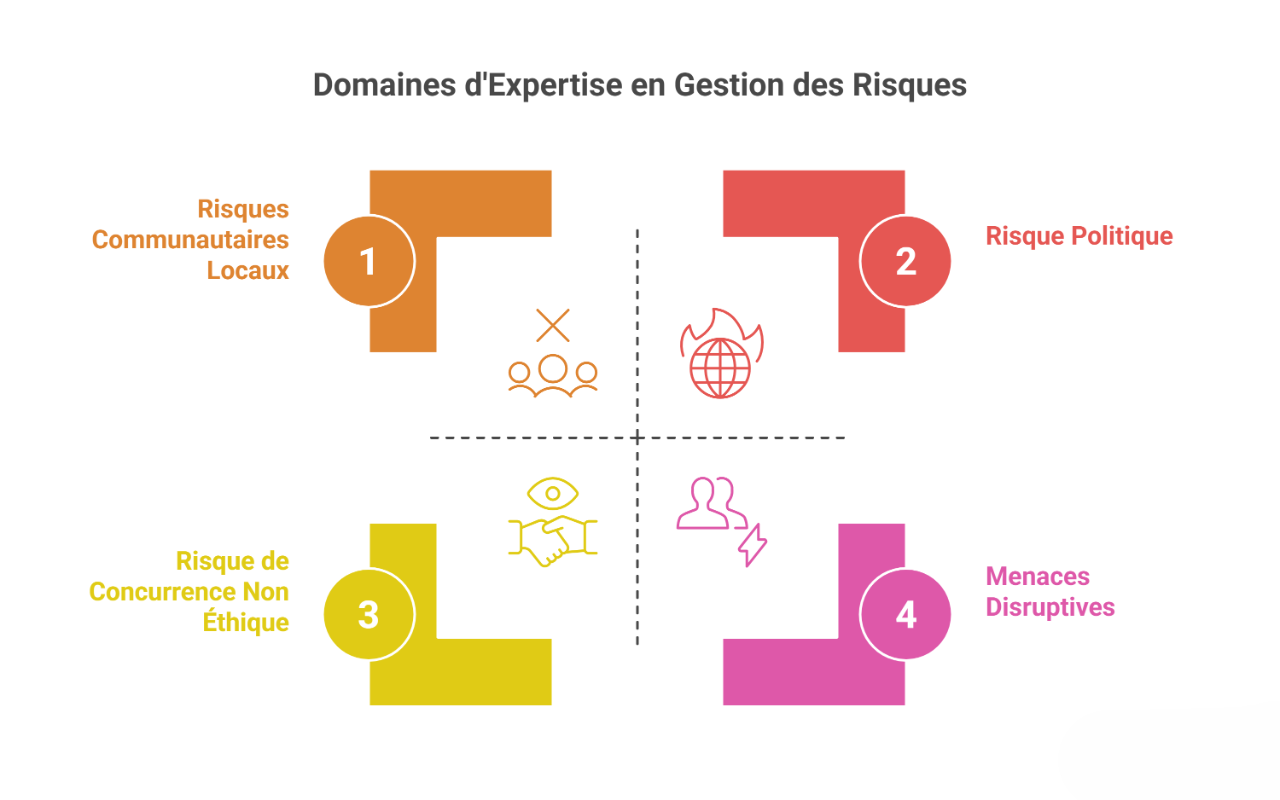 Infographie des 4 domaines d'expertise en gestion des risques : Politique, Communautaires, Concurrence non éthique, Menaces disruptives.